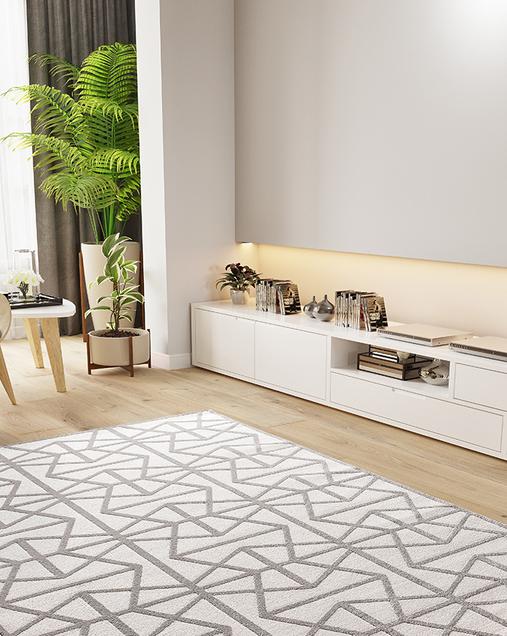 Alfombra Geométrica Con Relieve Flora 12937 19 Plata